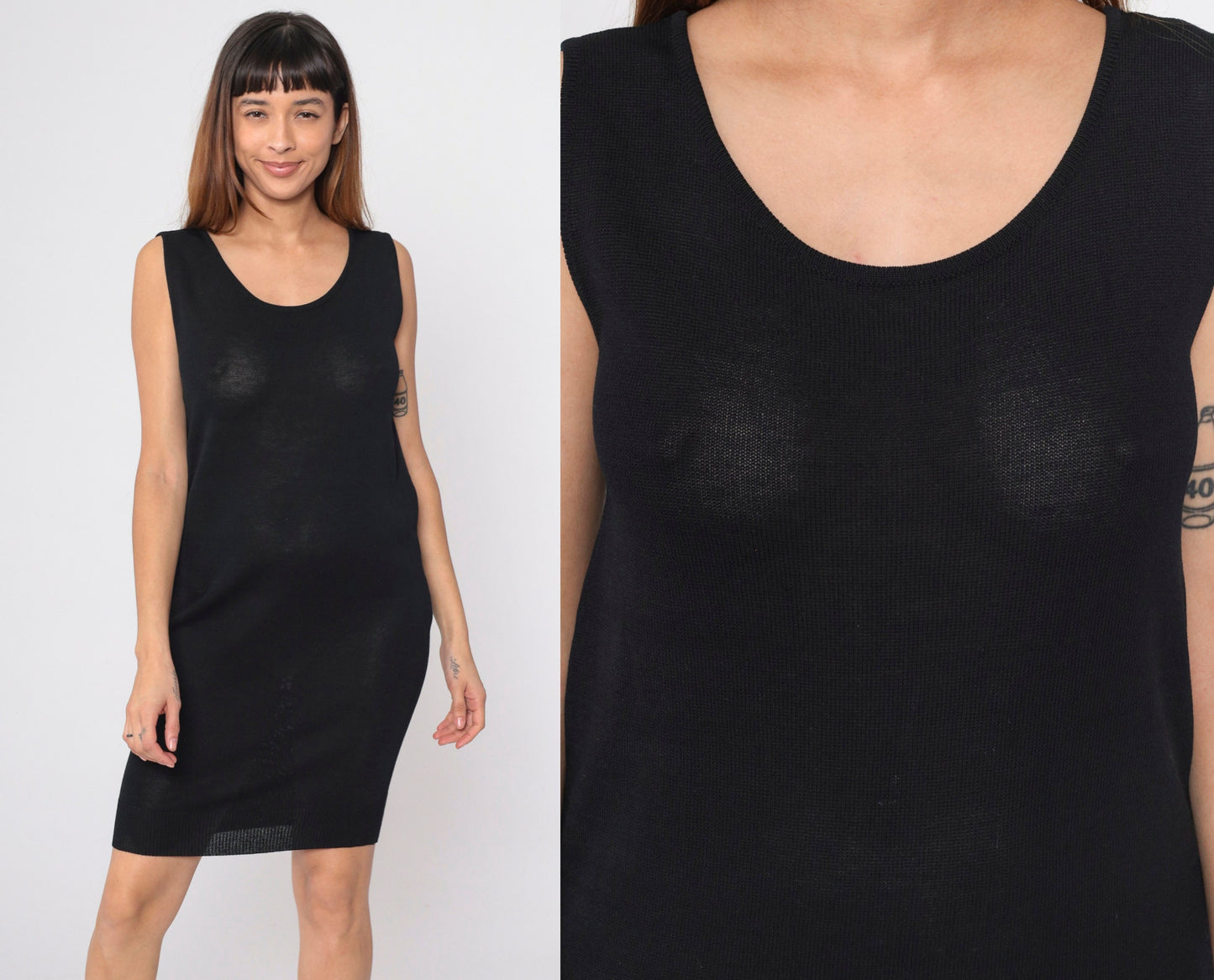 90s Donna Karan Black Knit Mini Dress Semi-Sheer Sleeveless Shift Medium