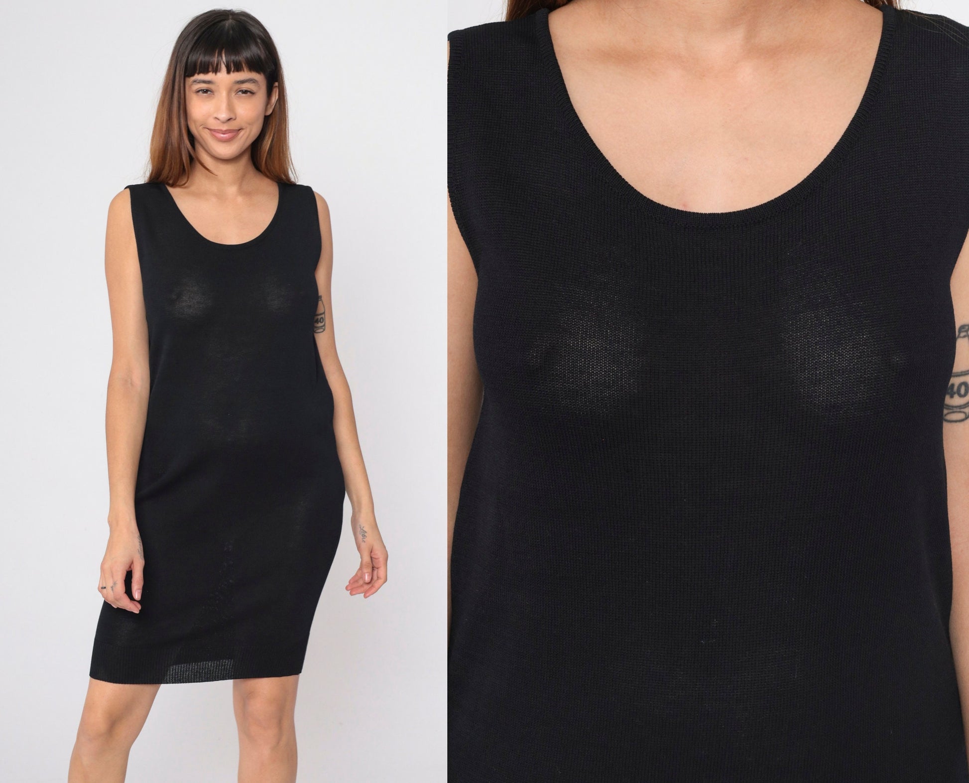 90s Donna Karan Black Knit Mini Dress Semi-Sheer Sleeveless Shift Medium