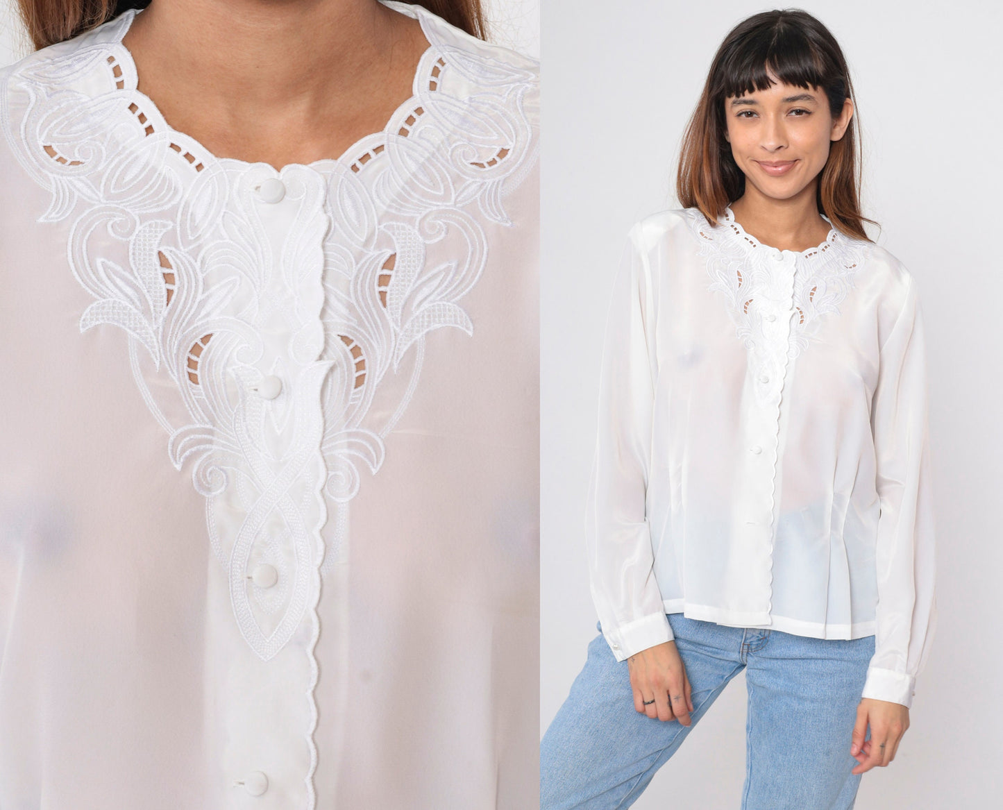 90s White Cutwork Blouse Embroidered Leaf Button Up Long Sleeve Medium