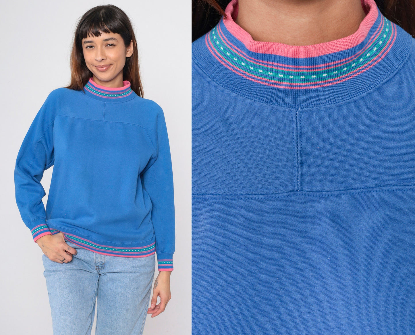 90s Blue Mock Neck Sweatshirt Pink Ringer Trim Small