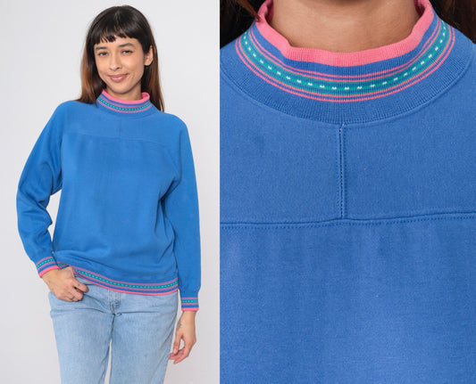 90s Blue Mock Neck Sweatshirt Pink Ringer Trim Small