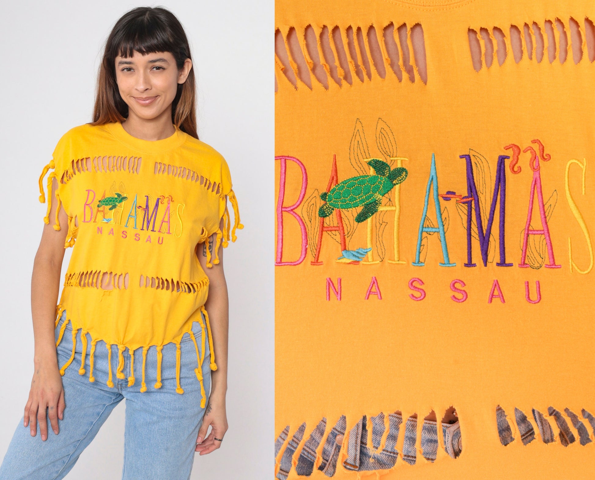 90s Bahamas Nassau Turtle Cutout T-Shirt Yellow Graphic Tee Medium