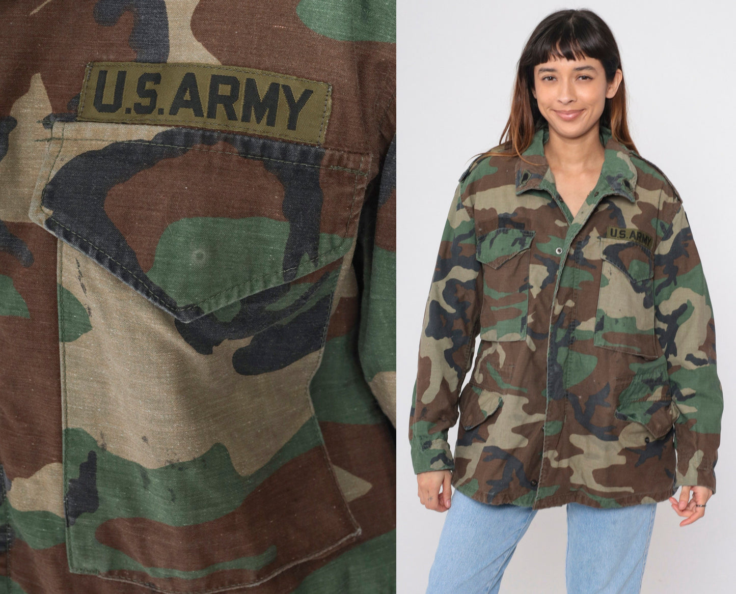90s US Army Camouflage Field Jacket Distressed Utility Medium Short