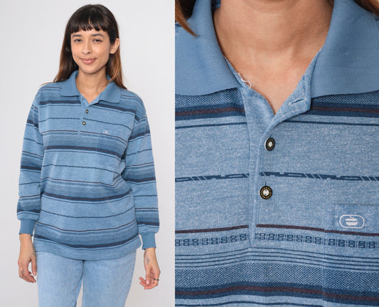 90s Blue Striped Long Sleeve Polo Shirt Men's Small