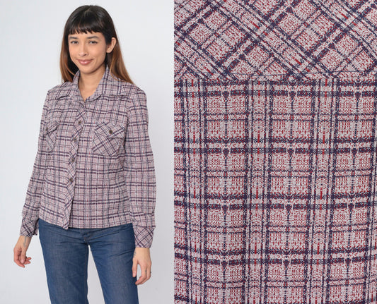 70s Act II Plaid Button-Up Shirt Red Blue Tartan Chest Pocket Medium
