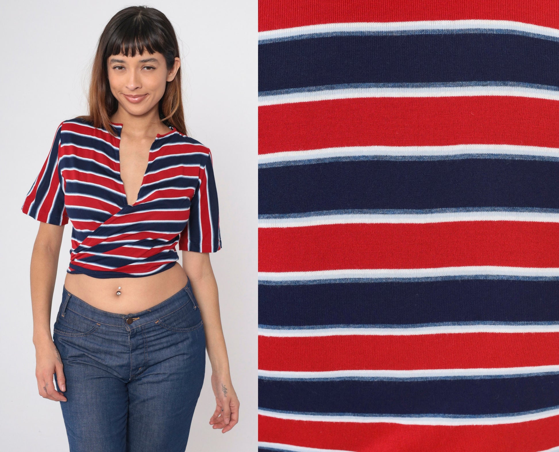 70s Red White Blue Striped Wrap Crop Top Short Sleeve V-Neck Medium Large