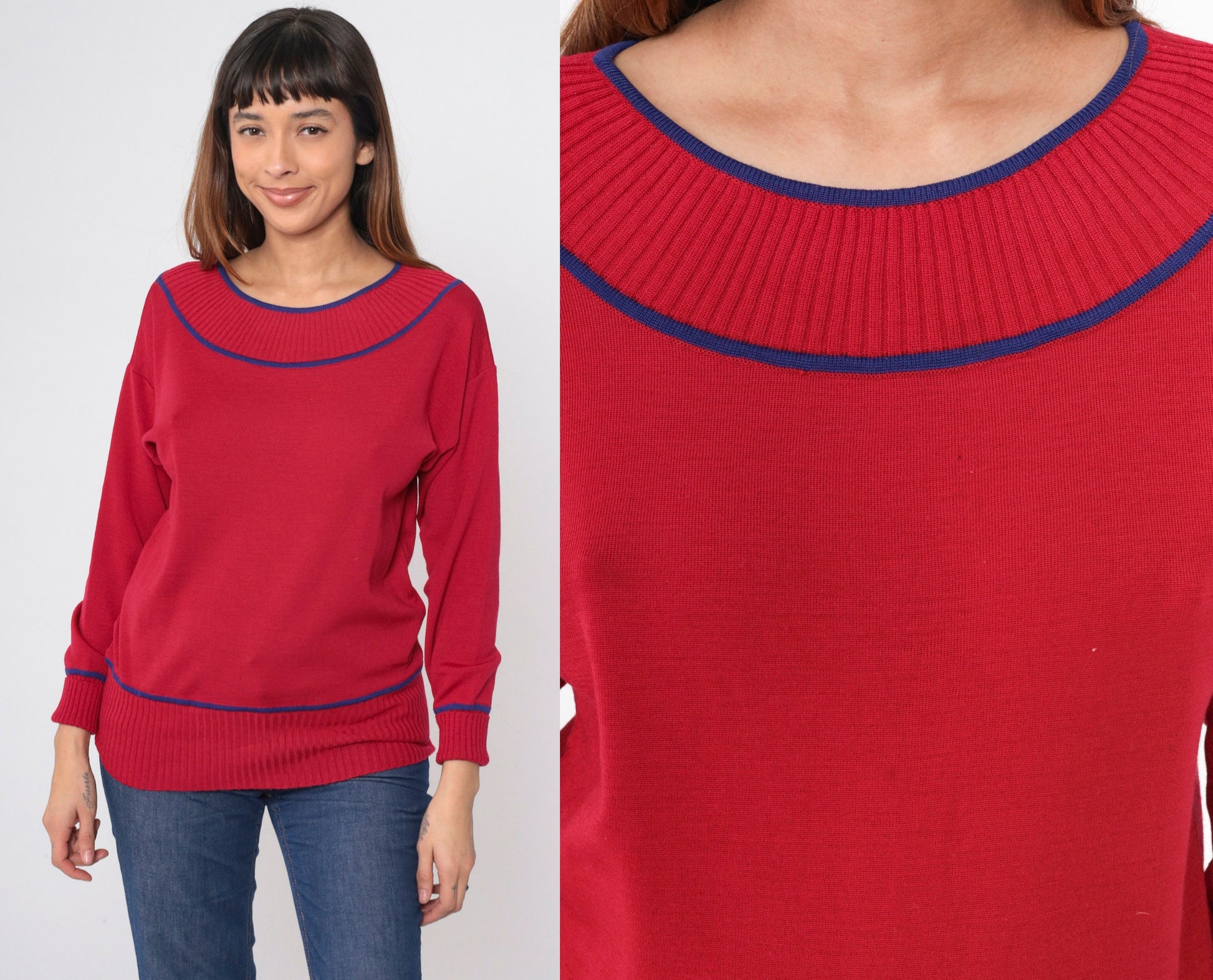 70s Goldworm Cherry Red Wool Sweater Blue Ringer Neck Pullover Small