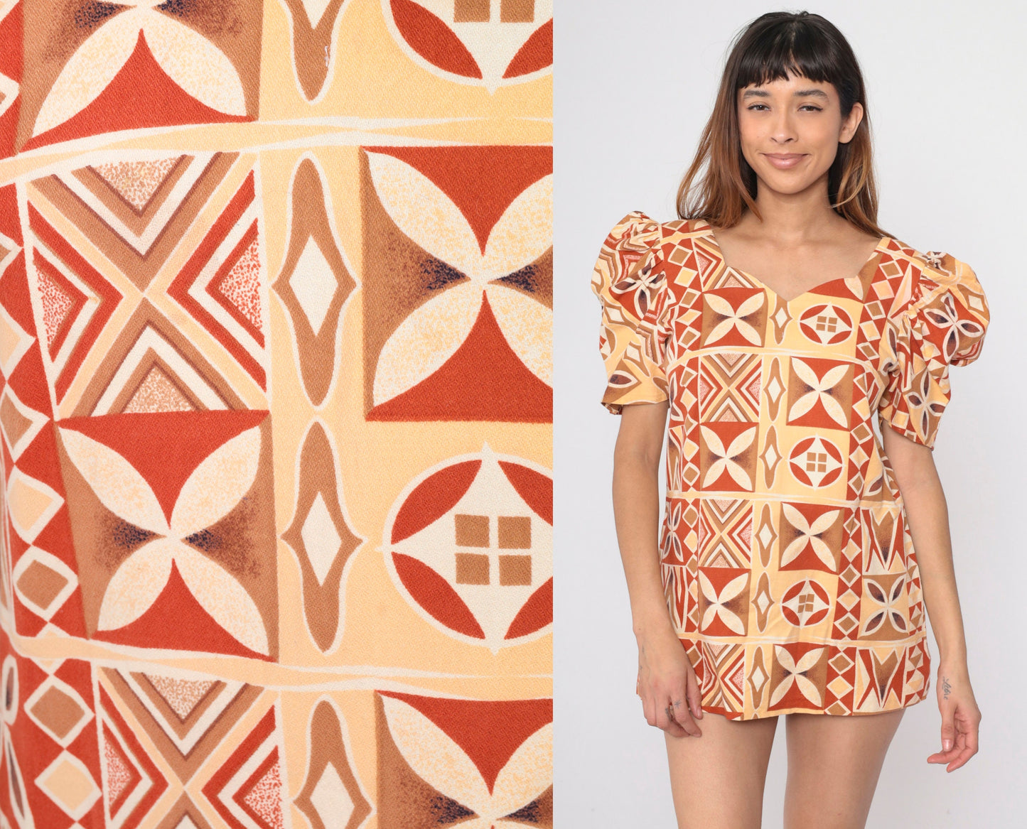 70s Geometric Puff Sleeve Blouse Burnt Orange Yellow Sweetheart Neckline Small