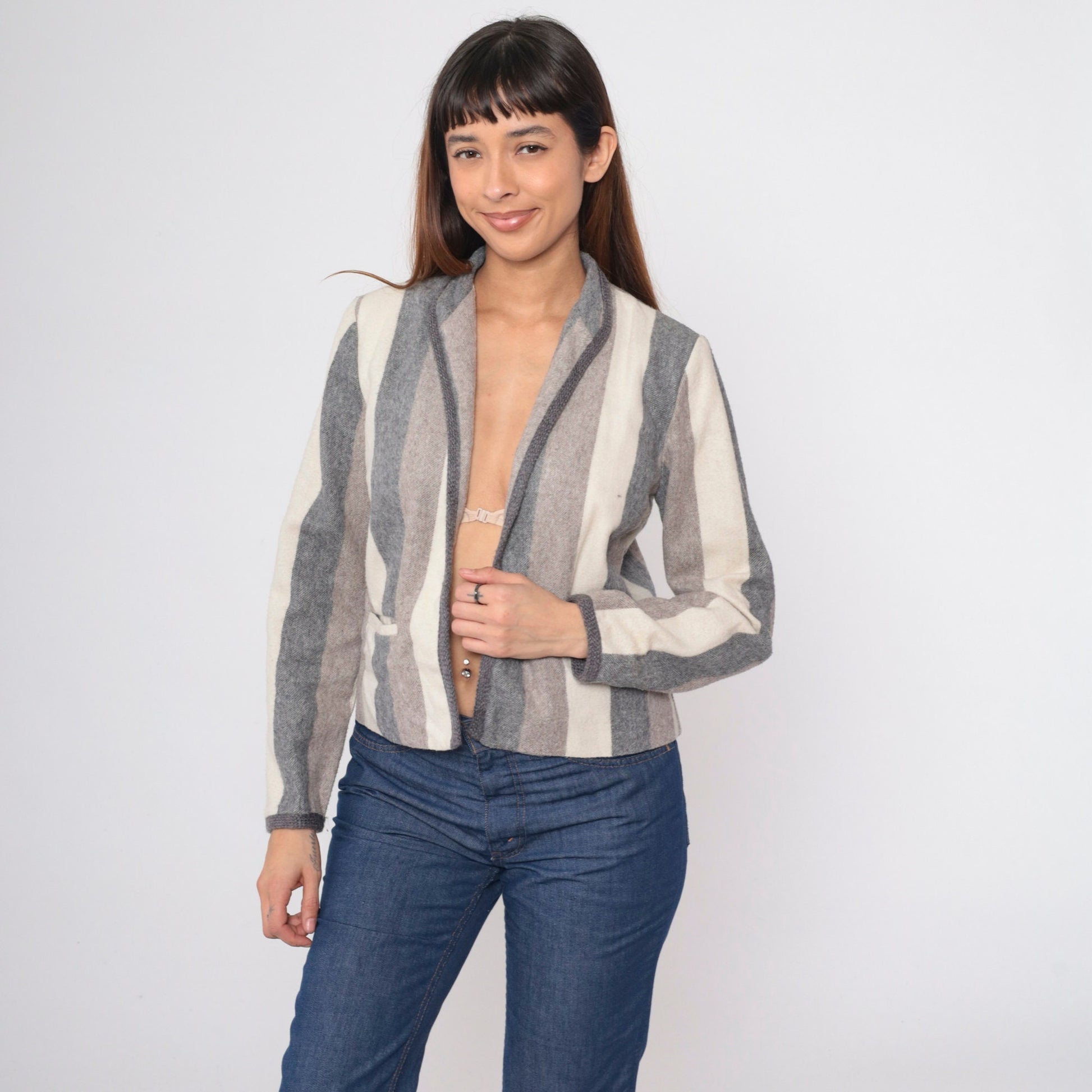 80s Striped Wool Blend Blazer Open Front Jacket Grey Brown Cream Small Medium