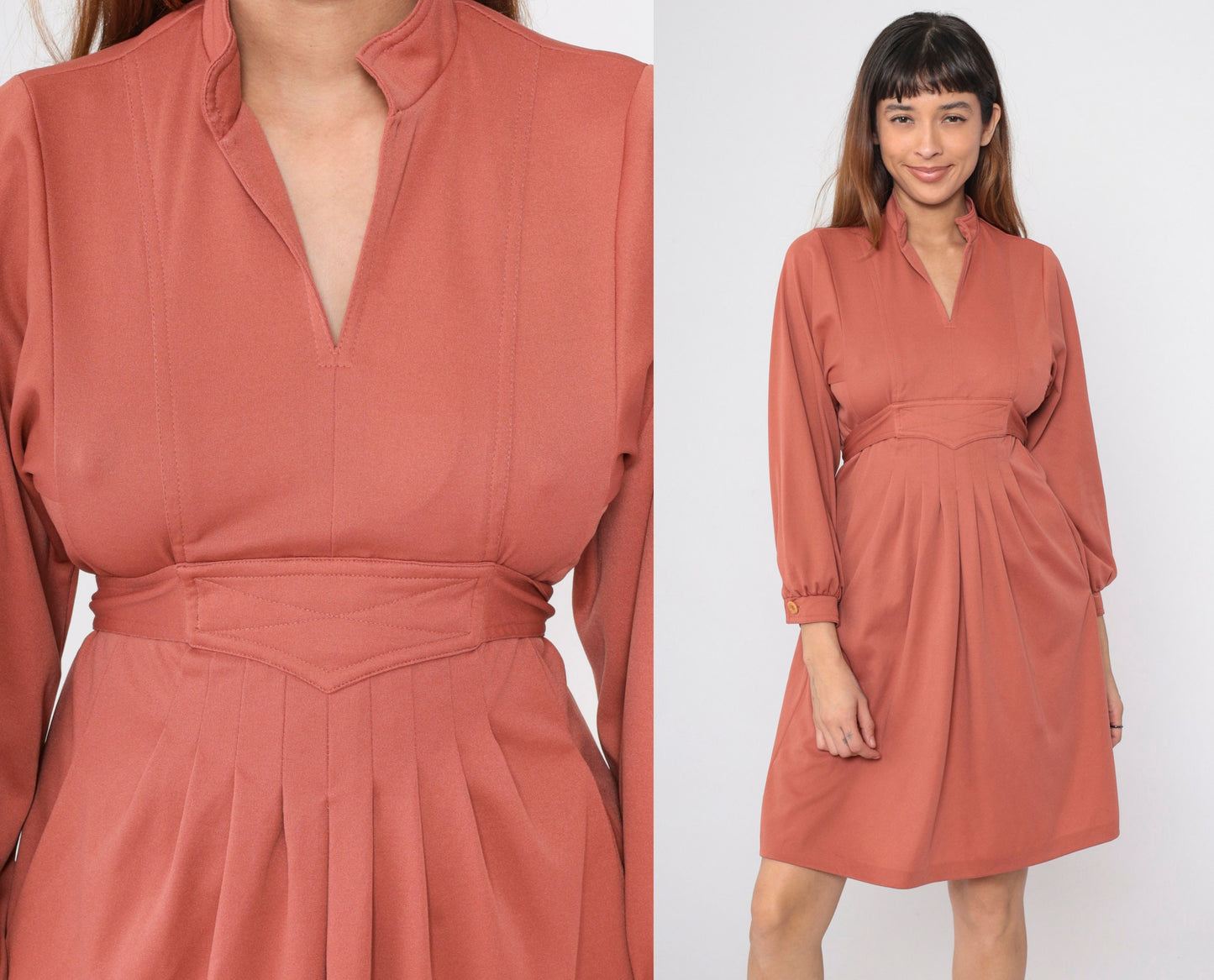 70s Terra Cotta Empire Waist Mini Dress Mandarin Collar Long Sleeve Small