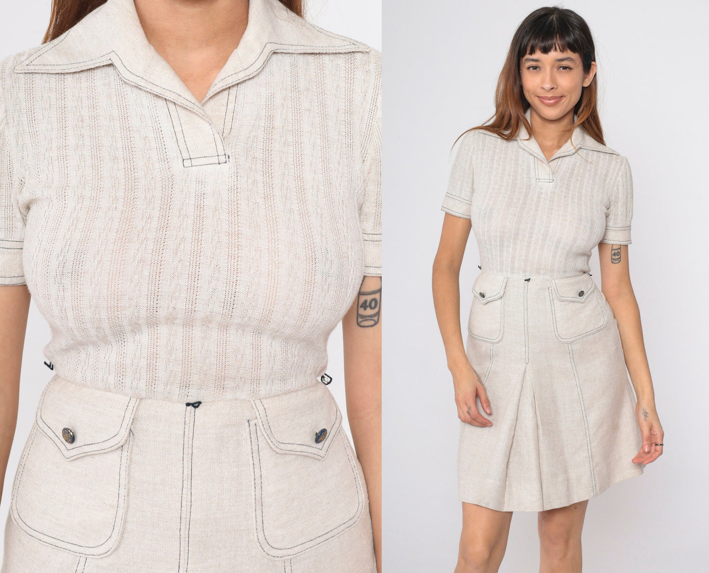 70s Peck & Peak Mini Dress Light Beige Cable Knit High Waist Small