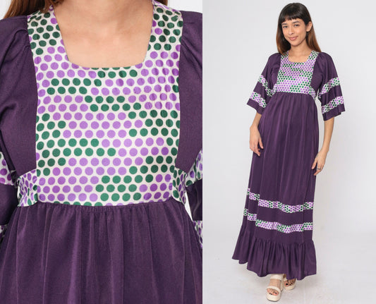 70s Deep Purple Polka Dot Maxi Dress Wide Sleeve Empire Waist Small