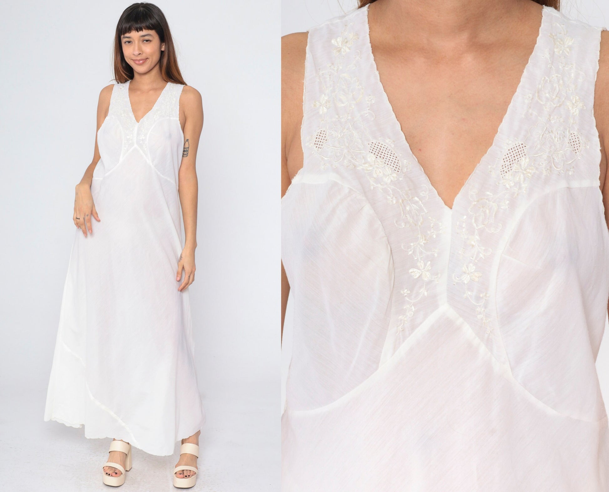 70s Lily White Floral Embroidered Cutout Slip Dress Maxi Nightgown Medium