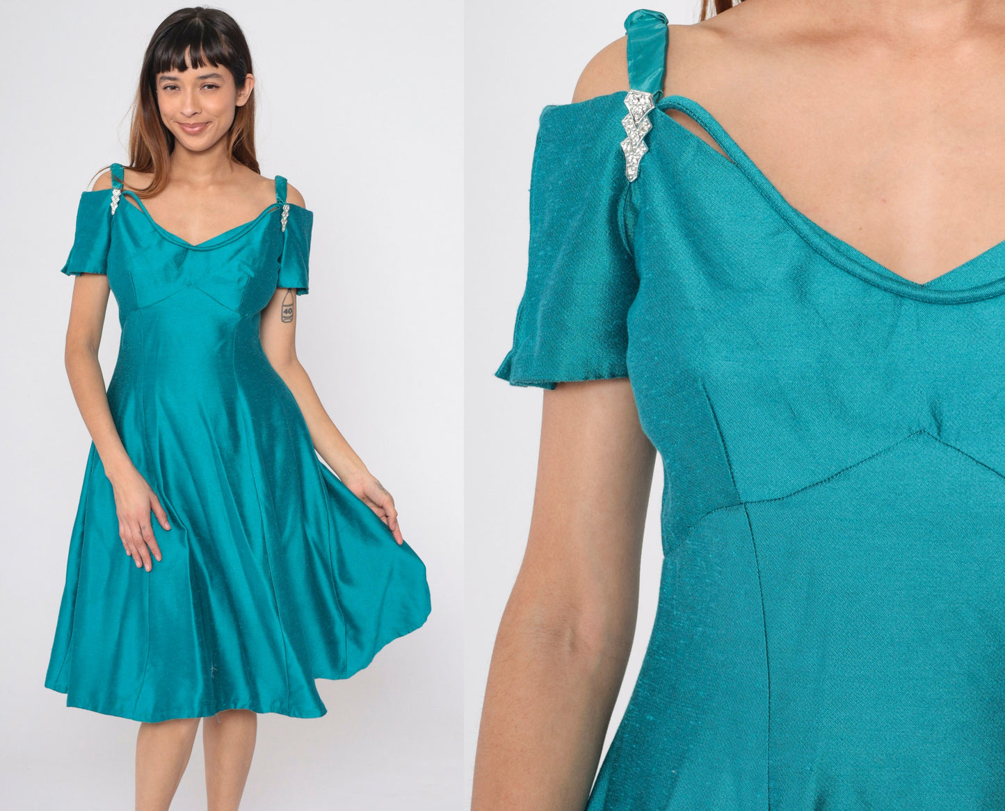 80s Teal Off-Shoulder Midi Dress Rhinestone A-Line Empire Waist Small
