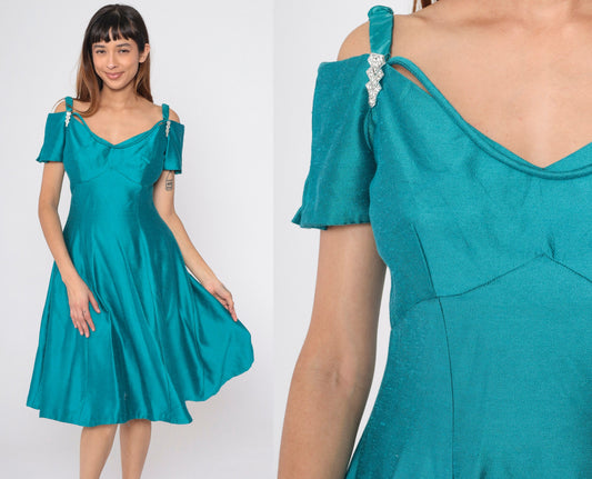 80s Teal Off-Shoulder Midi Dress Rhinestone A-Line Empire Waist Small