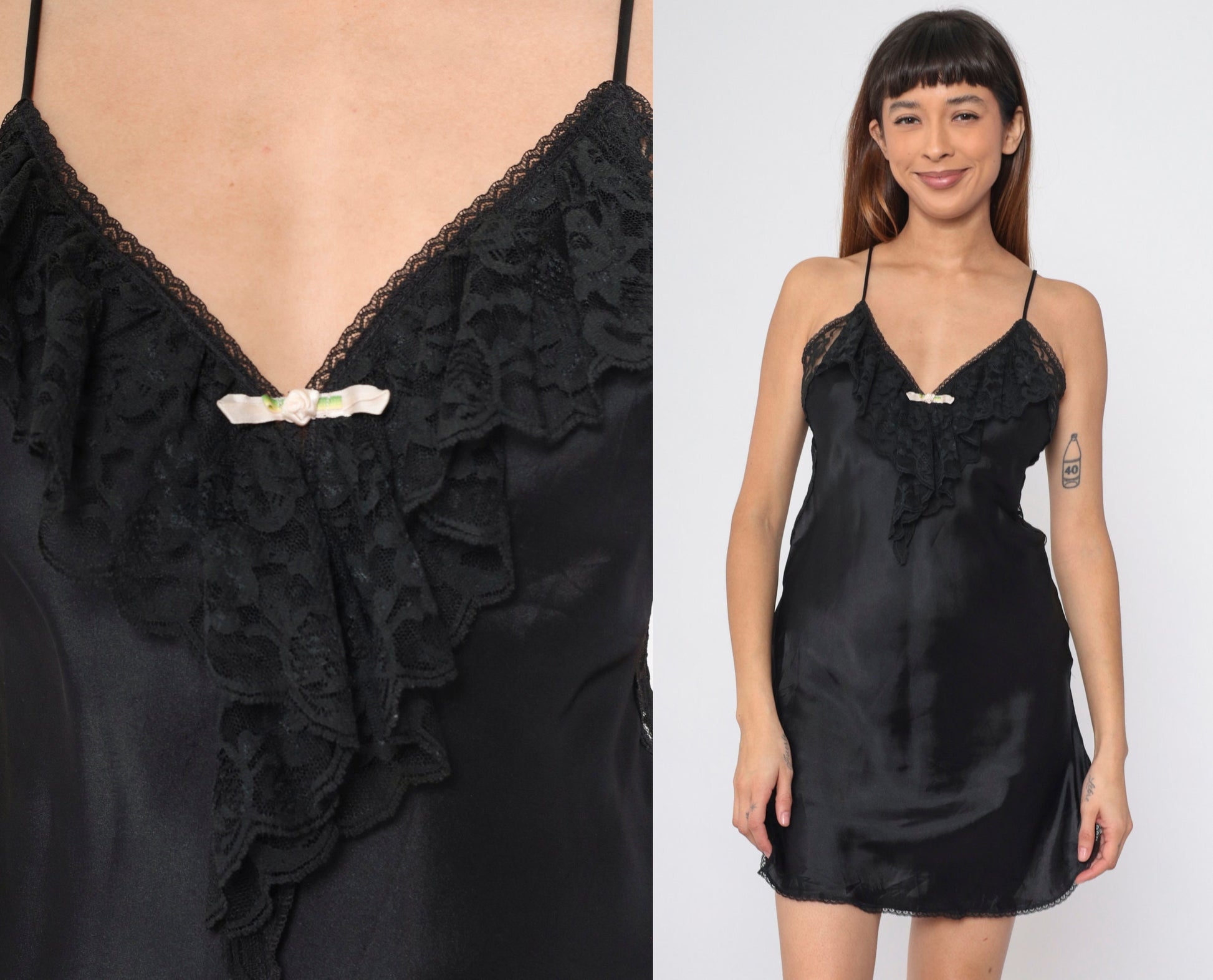 80s Black Lace Slip Dress V-Neck Cascading Ruffle Spaghetti Strap Mini Small
