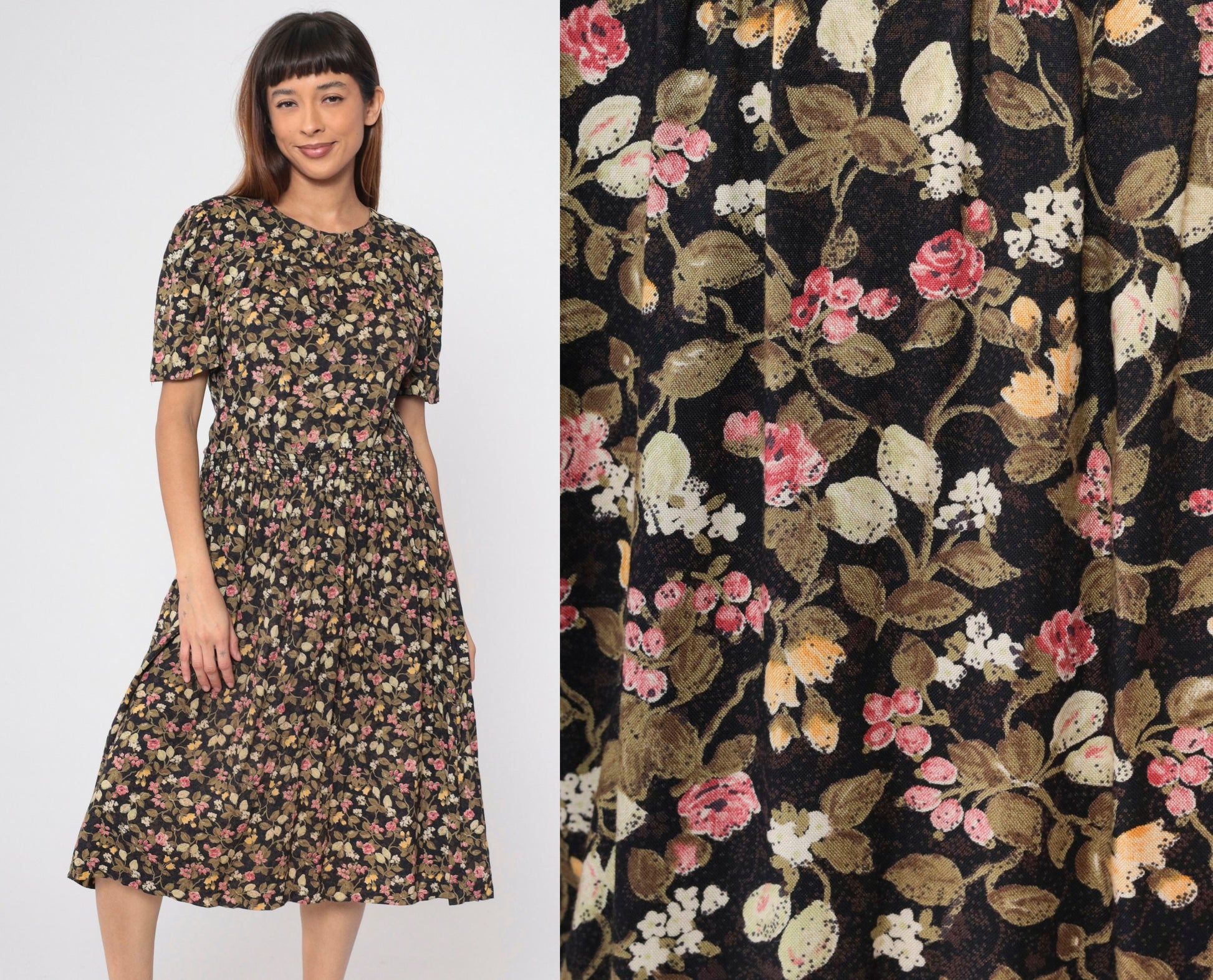 80s Floral Button-Up Midi Dress Black Olive Pink Puff Sleeve Smocked Small