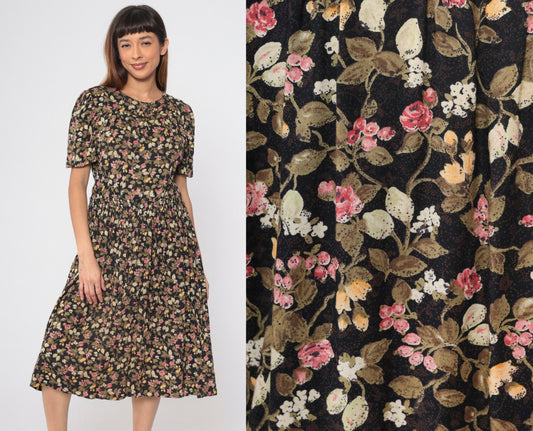 80s Floral Button-Up Midi Dress Black Olive Pink Puff Sleeve Smocked Small