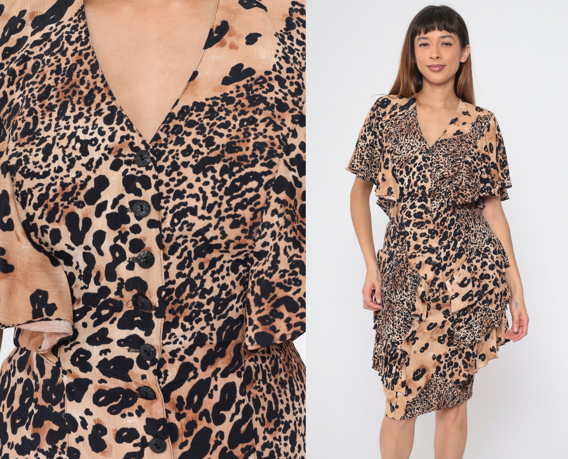 80s Leopard Print Button-Up Midi Dress Basque Waist Flutter Sleeve Small 6