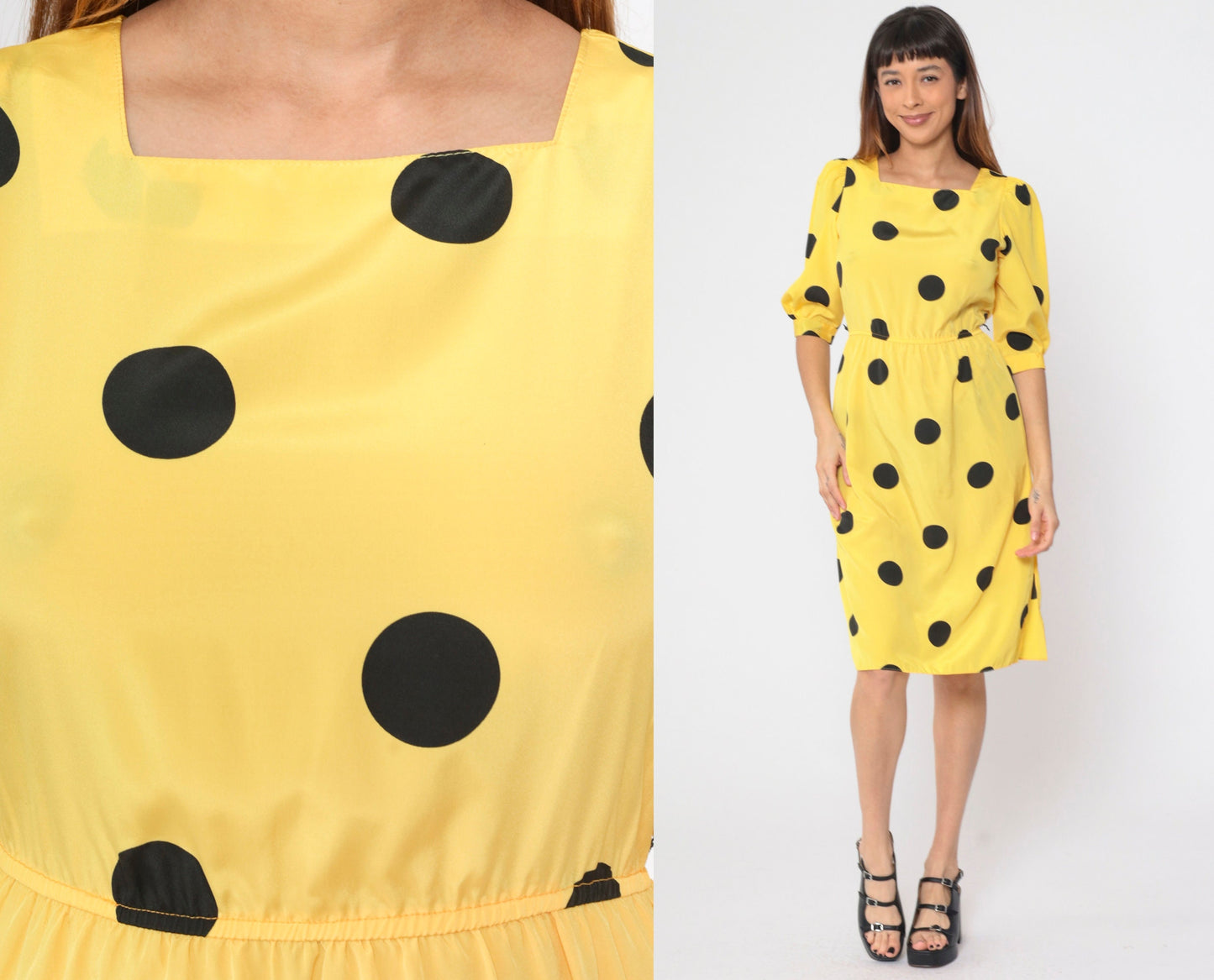 80s Yellow Polka Dot Midi Dress Puff Sleeve Square Neck High Waist Small