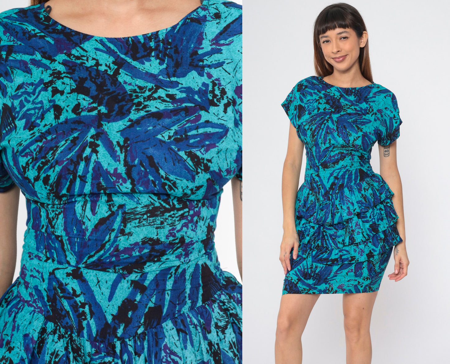 80s Turquoise Abstract Floral Peplum Mini Dress Dolman Sleeve Extra Small