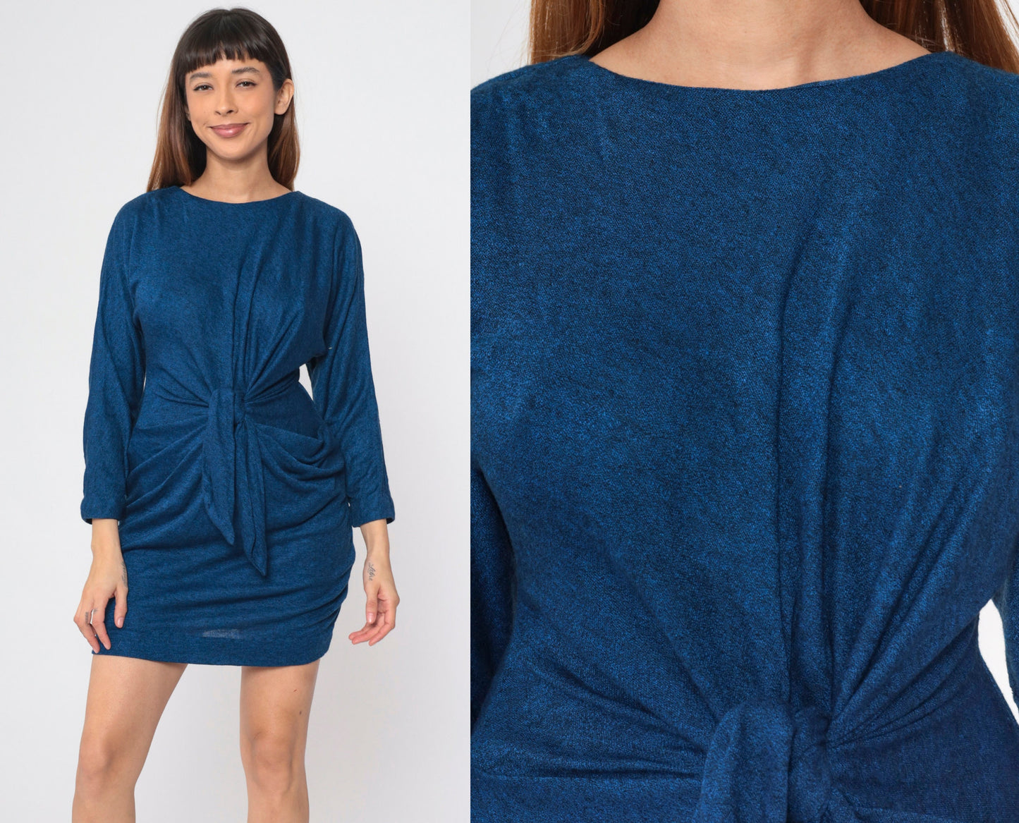 90s All That Jazz Knot Front Mini Dress Dark Blue Flecked Small