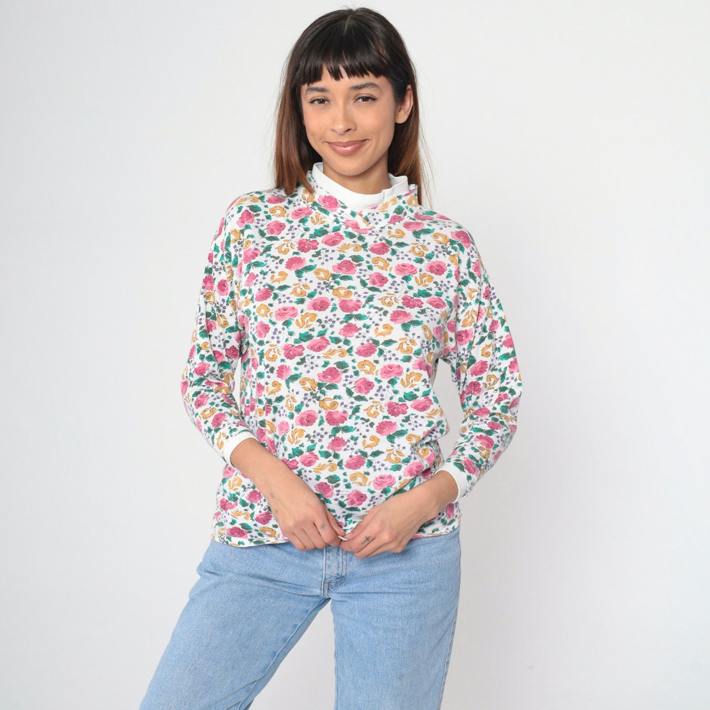 90s Floral Mock Neck Shirt White Pink Rose Print Long Sleeve Blouse Medium