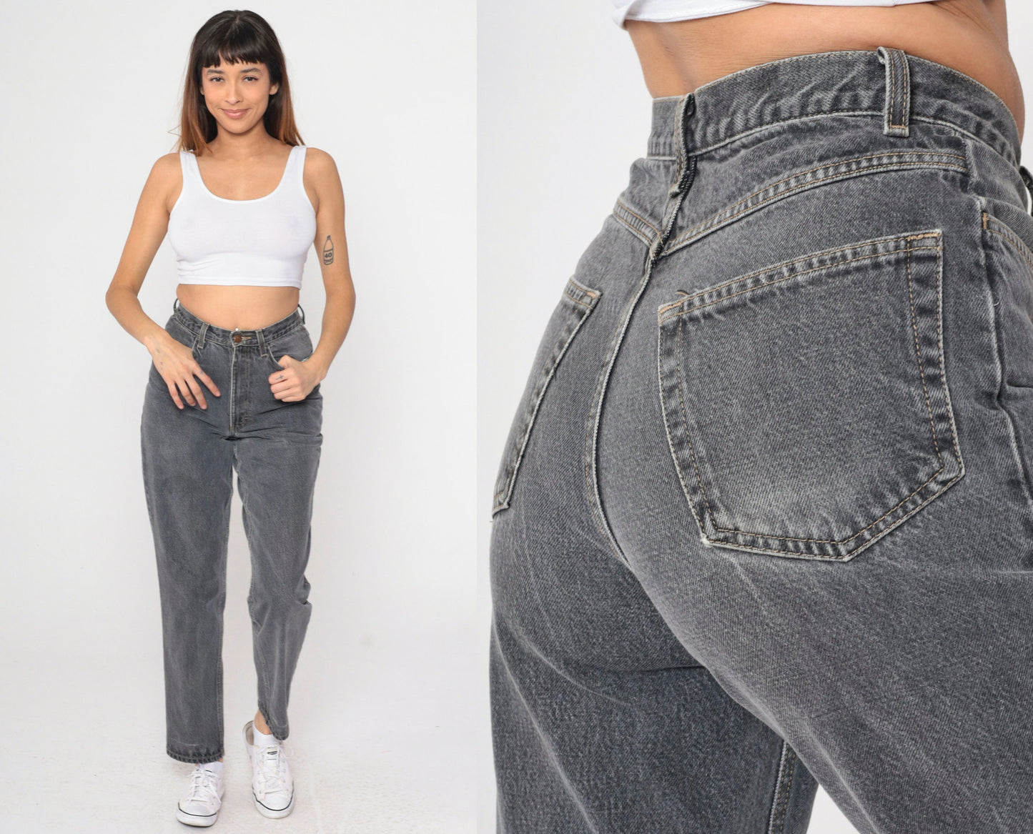 90s Basic Editions Grey Mom Jeans High Waist Tapered Denim Small 28