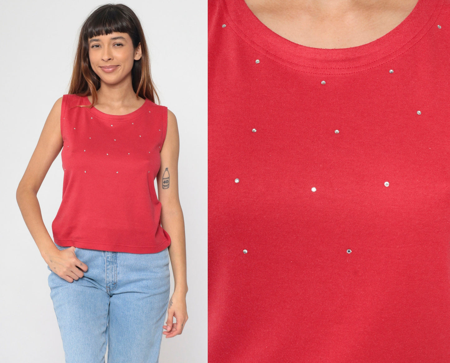 90s Red Rhinestone Tank Top Round Neck Embellished Sleeveless Small Petite