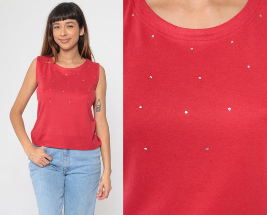 90s Red Rhinestone Tank Top Round Neck Embellished Sleeveless Small Petite