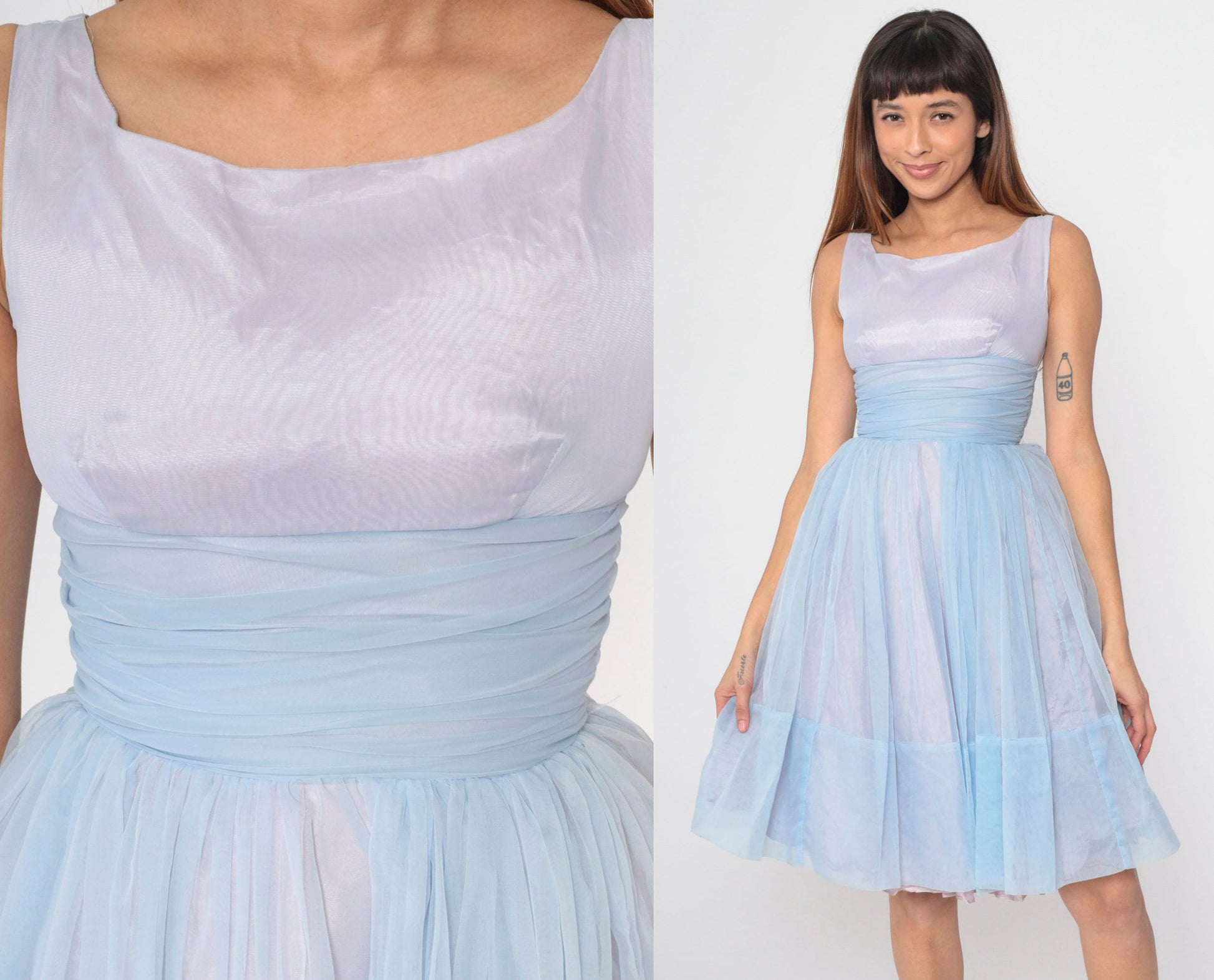 1960s Light Blue Chiffon Empire Waist Dress Knee Length Sleeveless XS