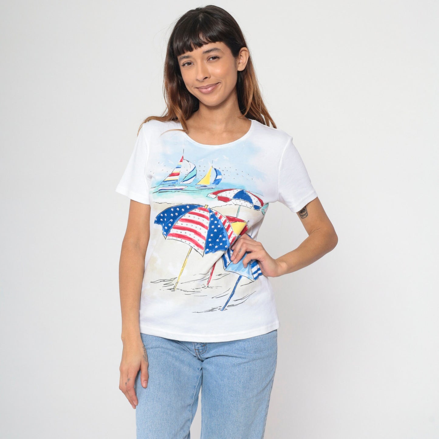 90s Studded Sailboat Beach Umbrella Graphic Tee White Medium