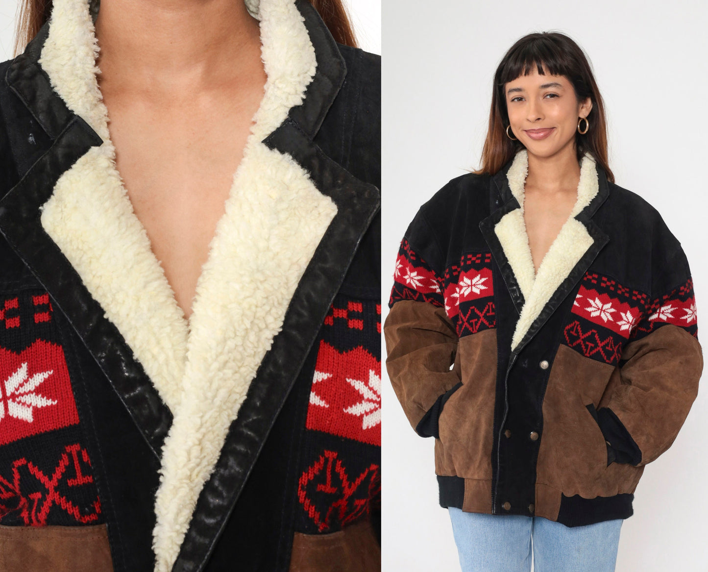 90s Sun & Moon Black Brown Suede Leather Jacket Nordic Snowflake Sherpa Trim Large