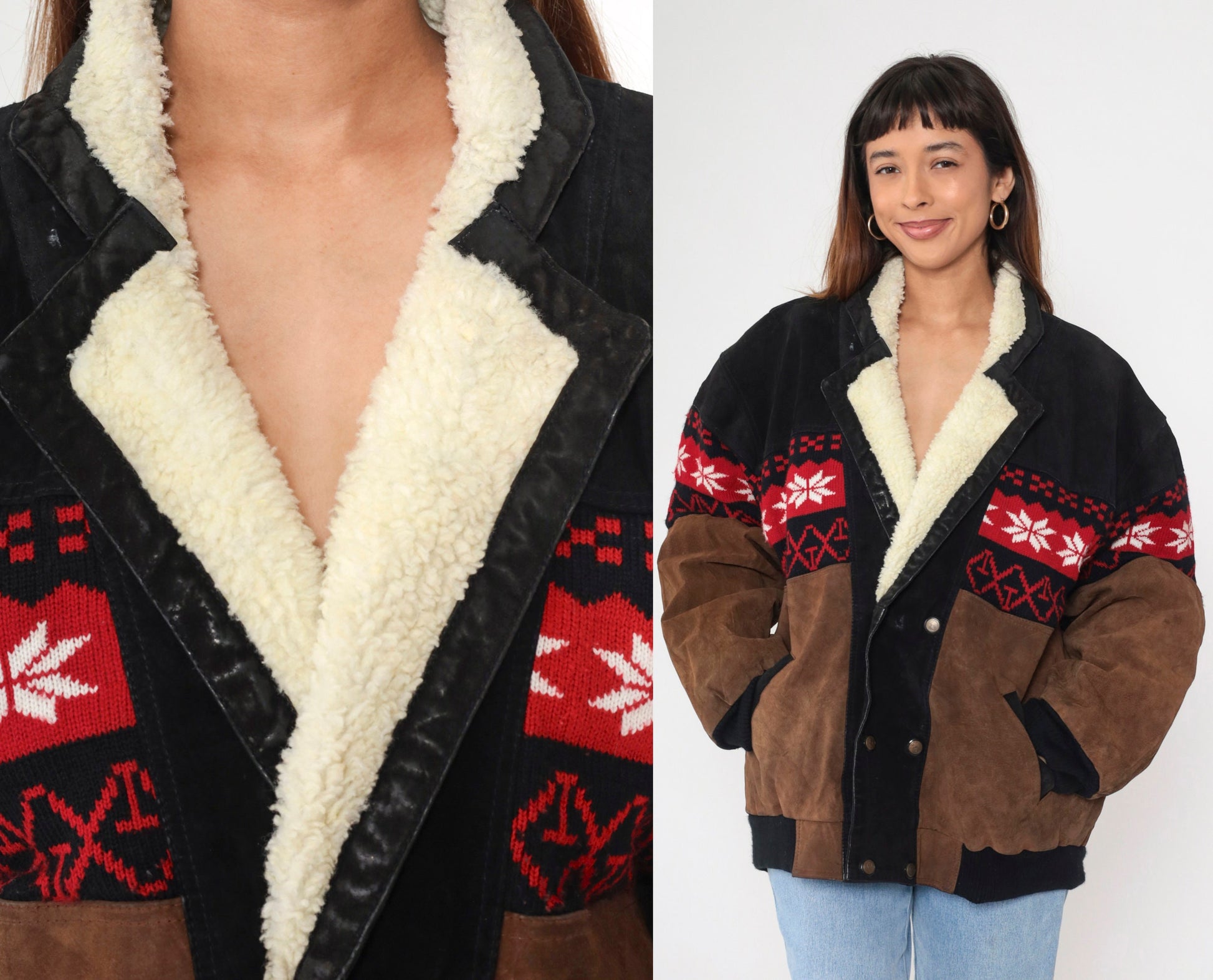 90s Sun & Moon Black Brown Suede Leather Jacket Nordic Snowflake Sherpa Trim Large
