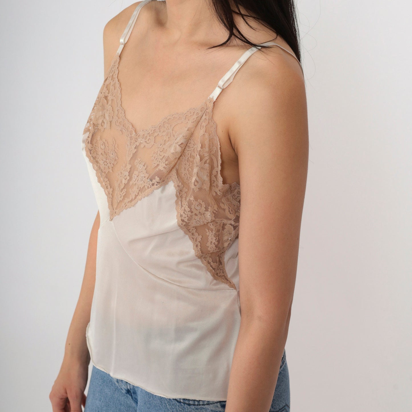 80s Beige Nylon Lace Cami Top Floral Sheer V-Neck Spaghetti Straps Medium