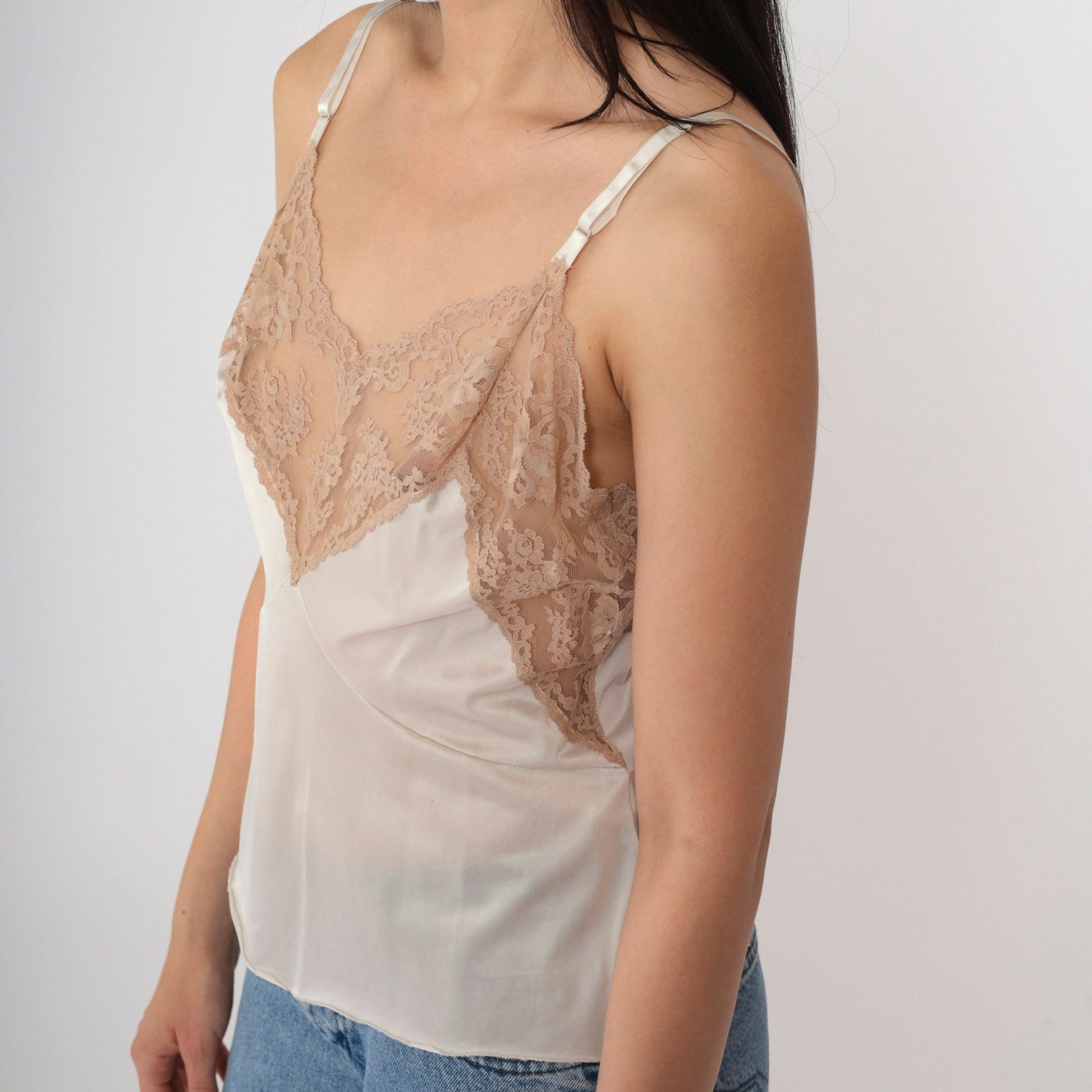 80s Beige Nylon Lace Cami Top Floral Sheer V-Neck Spaghetti Straps Medium