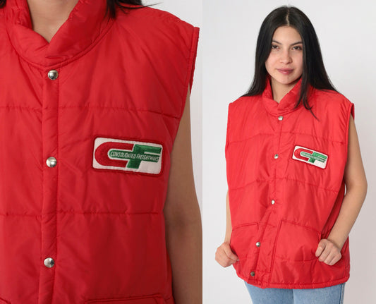 80s Consolidated Freightways Red Puffer Vest Snap Sleeveless Jacket Extra Large