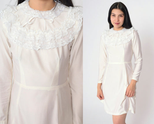70s White Lace Dress Ruffled Collar Long Sleeve High Waist Mini Extra Small