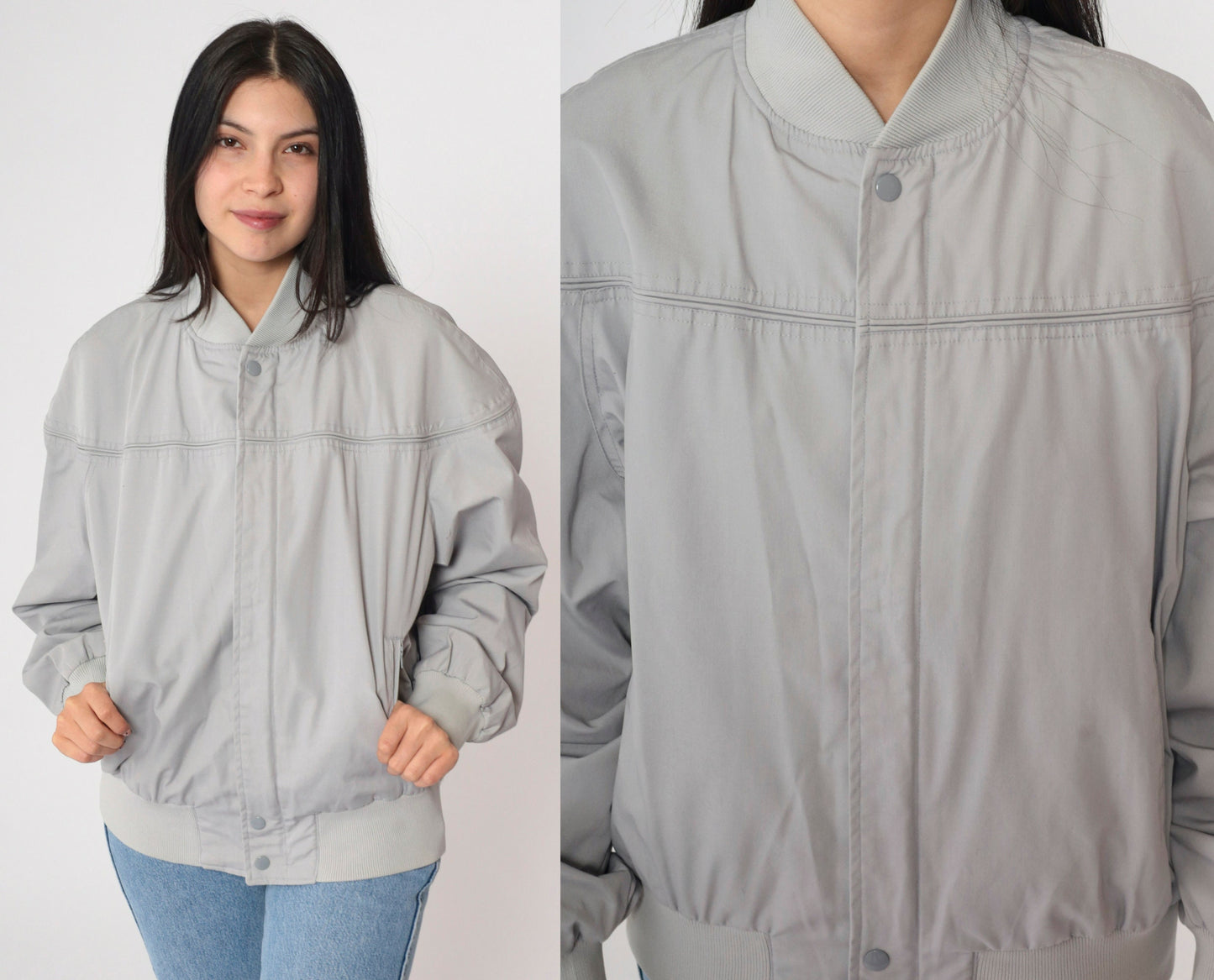 80s Grey Bomber Jacket Cafe Racer Windbreaker Vintage Moto Large