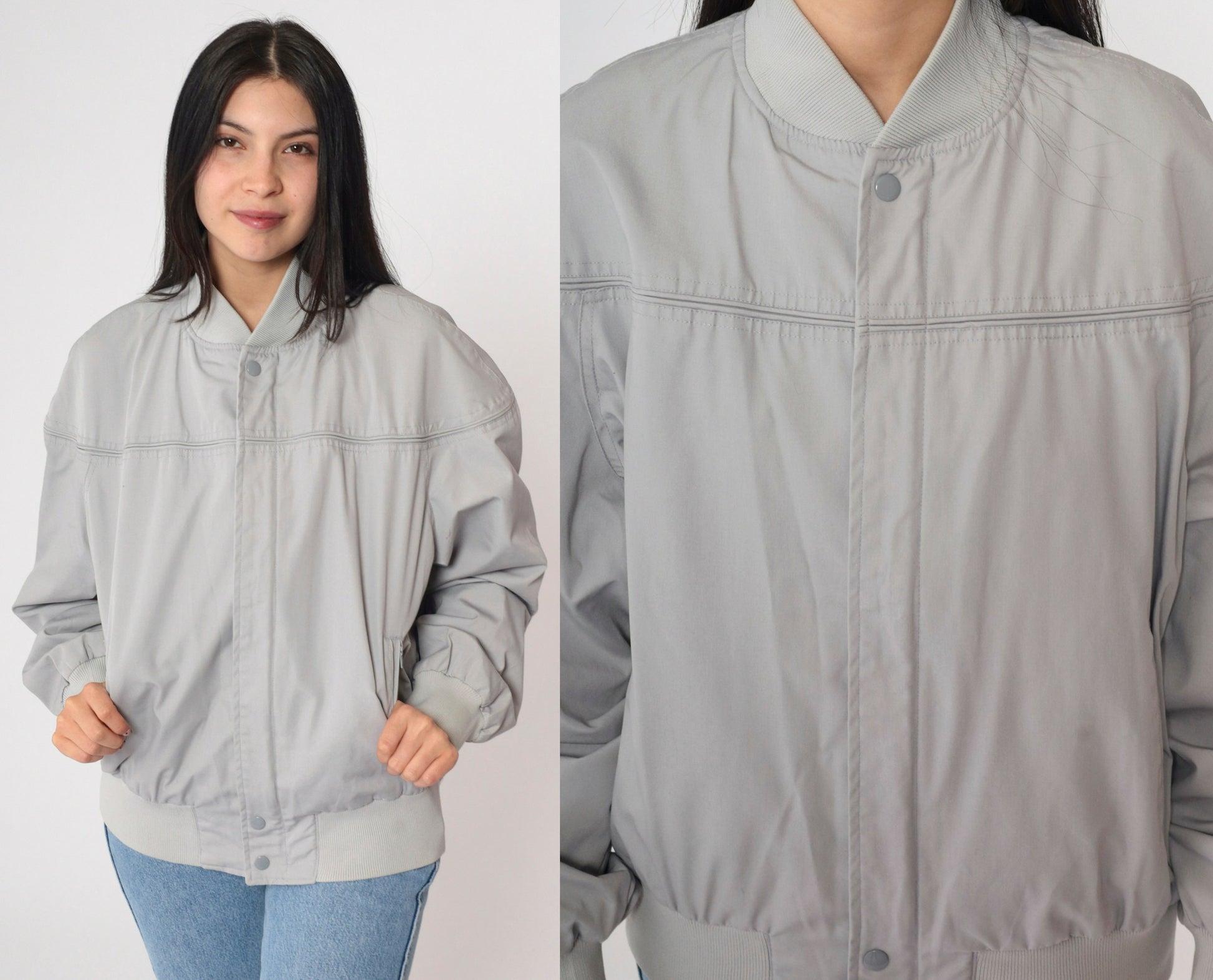 80s Grey Bomber Jacket Cafe Racer Windbreaker Vintage Moto Large
