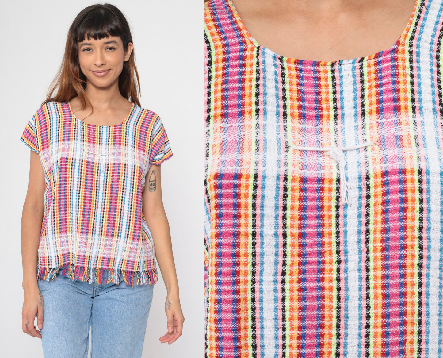 00s Mexican Neon Rainbow Striped Blouse Hot Pink Lace Trim Fringe Small