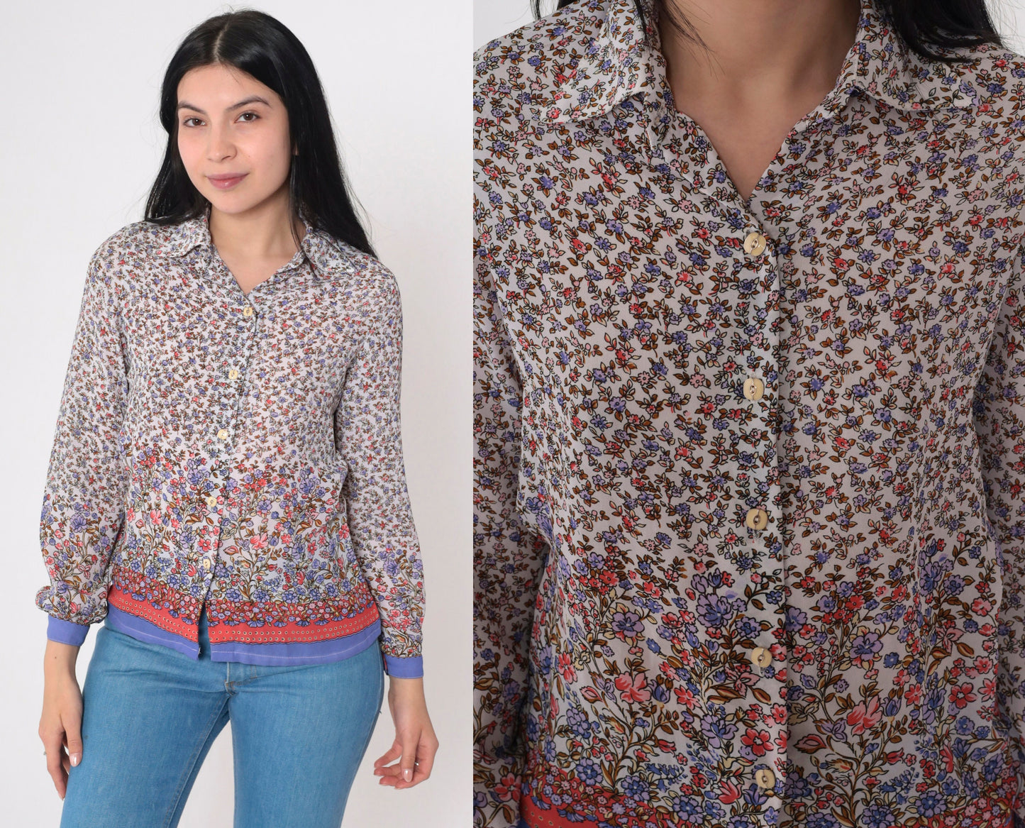 90s Floral Button-Up Blouse Long Sleeve Collared Shirt White Red Blue Extra Small