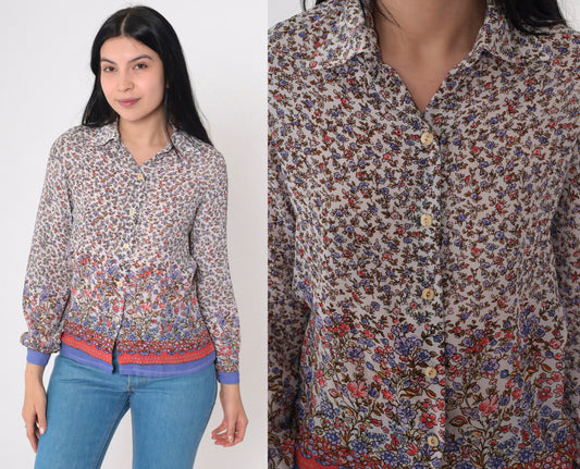 90s Floral Button-Up Blouse Long Sleeve Collared Shirt White Red Blue Extra Small