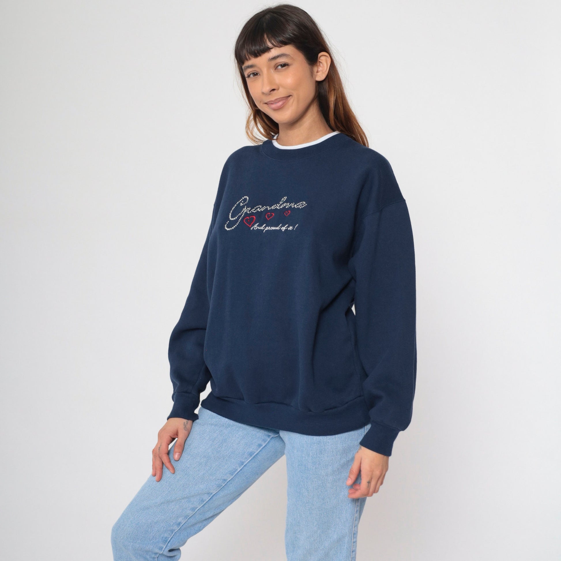 90s Grandma Rhinestone Navy Sweatshirt Embroidered Hearts Double Collar Large Petite