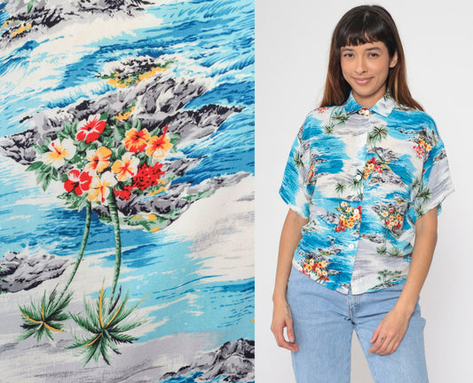 90s Hawaiian Shirt Palm Tree Tropical Print Blue Grey Button Up Medium