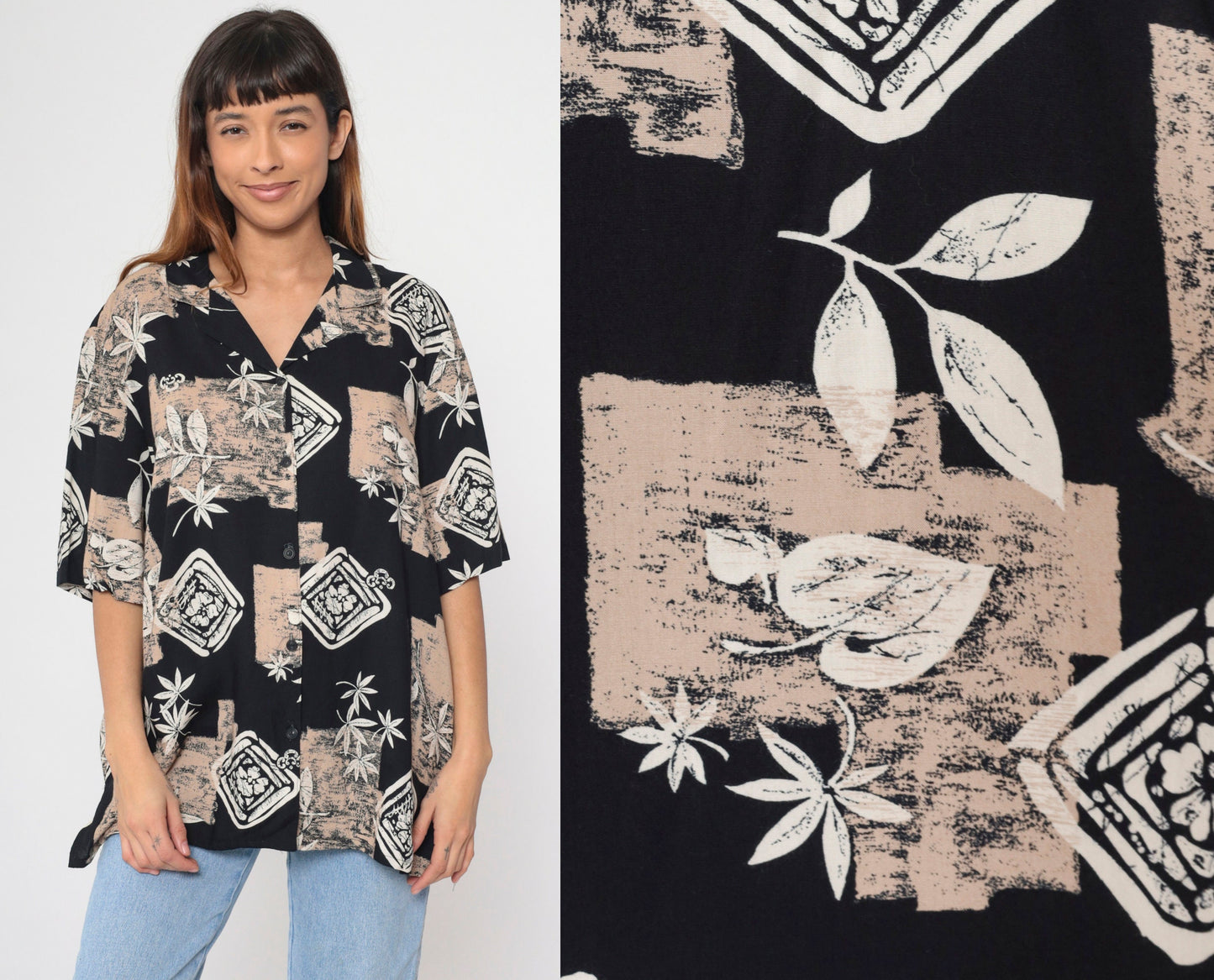 90s Alfred Dunner Button Up Blouse Leaf Floral Print Black Tan XXL