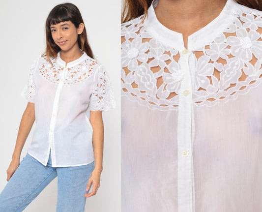 90s White Cutwork Blouse Embroidered Floral Button Up Short Sleeve Large