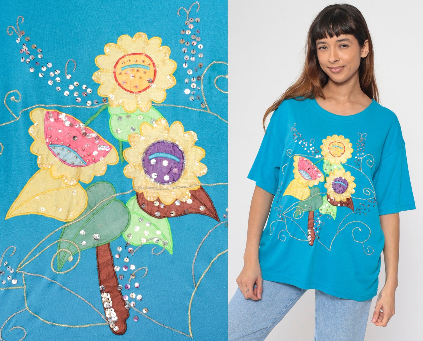 90s Turquoise Floral T-Shirt Sequined Beaded Embroidered Graphic Tee Large