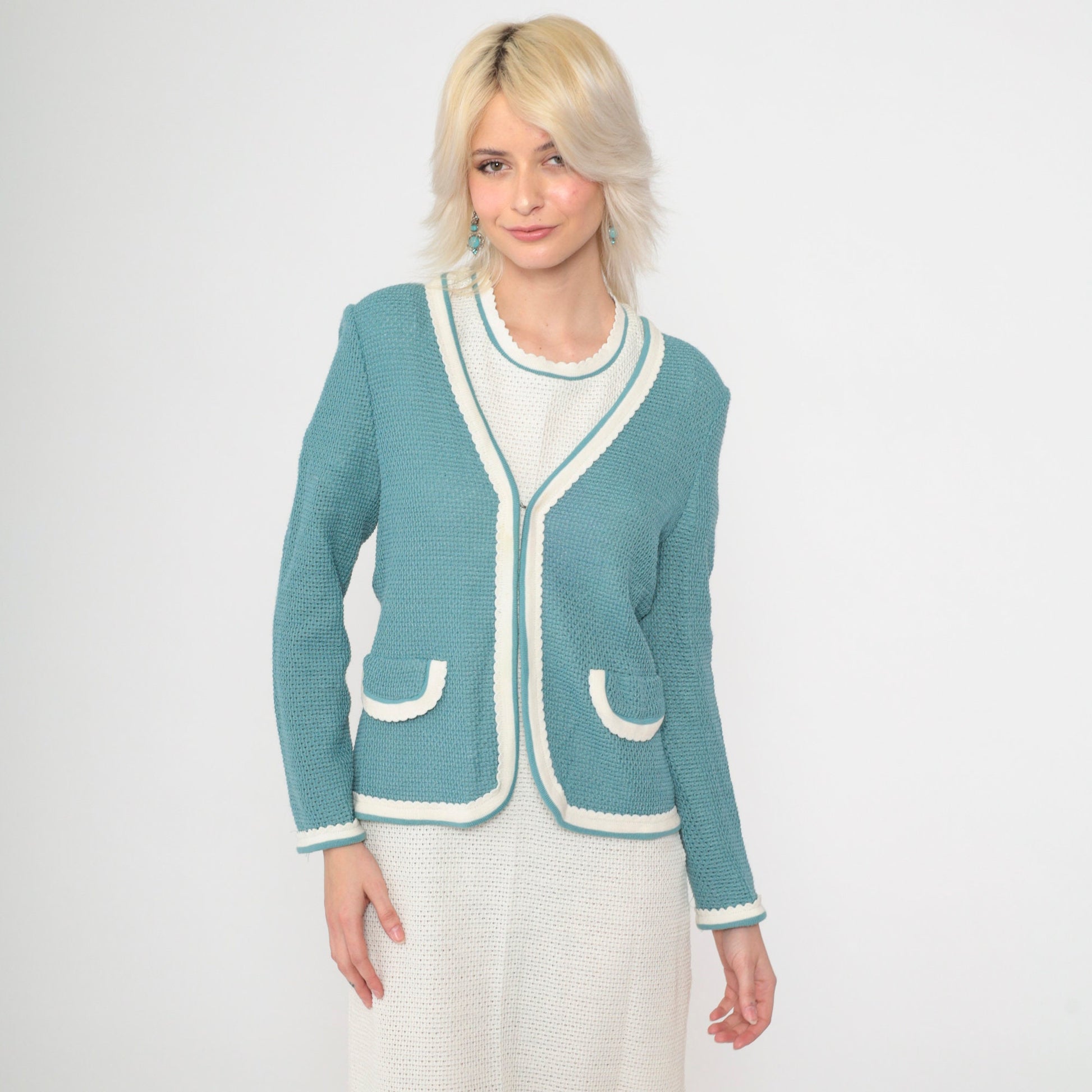 70s White Openwork Knit Midi Dress & Cardigan Set Teal Trim Small