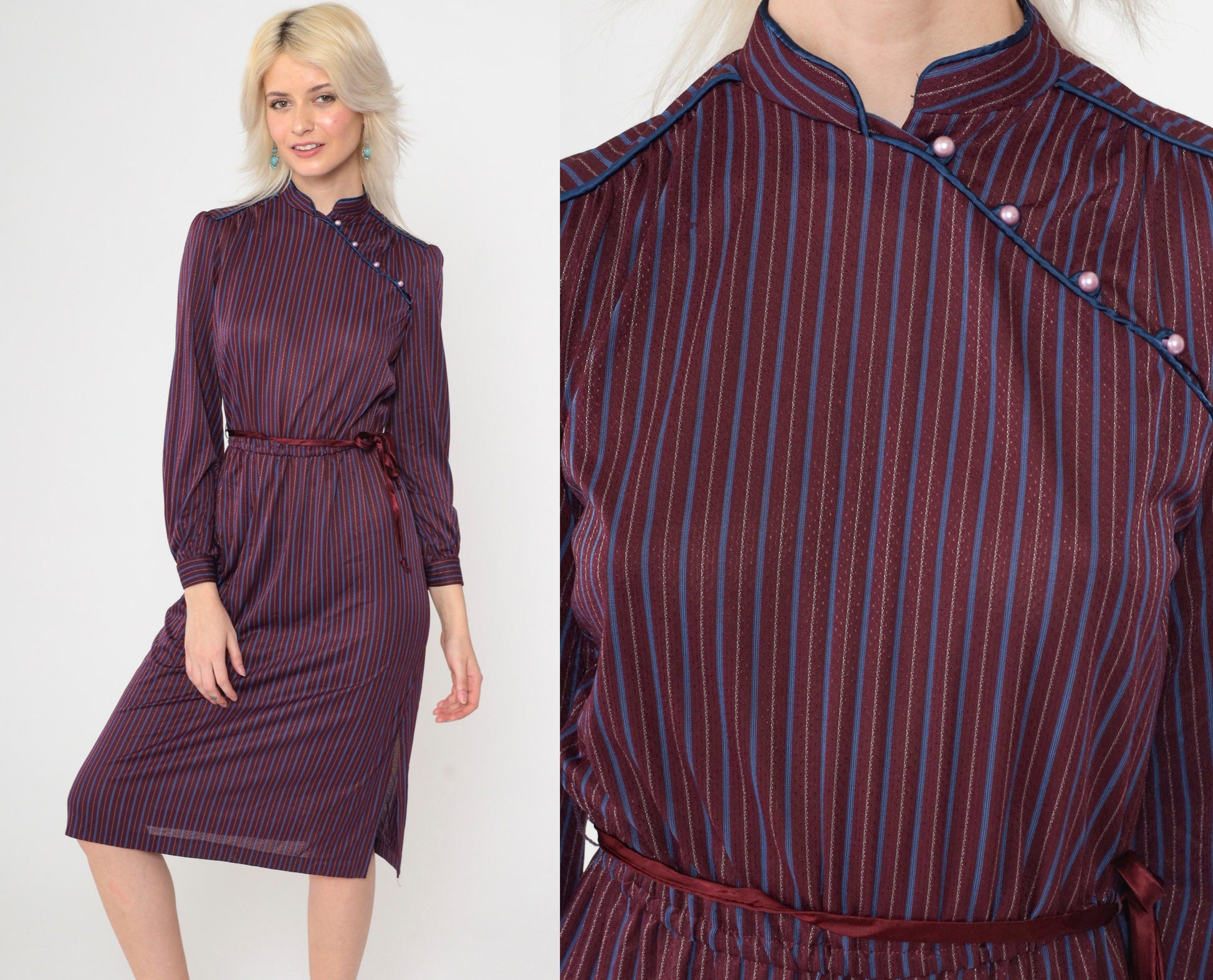 70s Jerri Jee Mandarin Collar Midi Dress Plum Striped Puff Sleeve Extra Small
